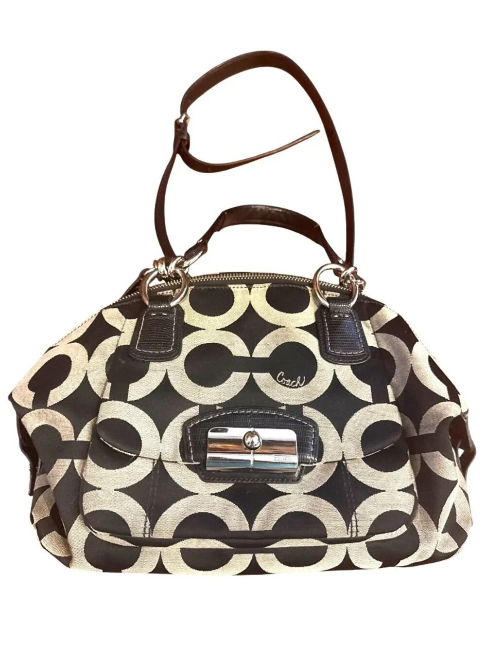Coach Kristin 19329 Op Art Sateen Domed Satchel Black Cream Shoulder Bag Y2K